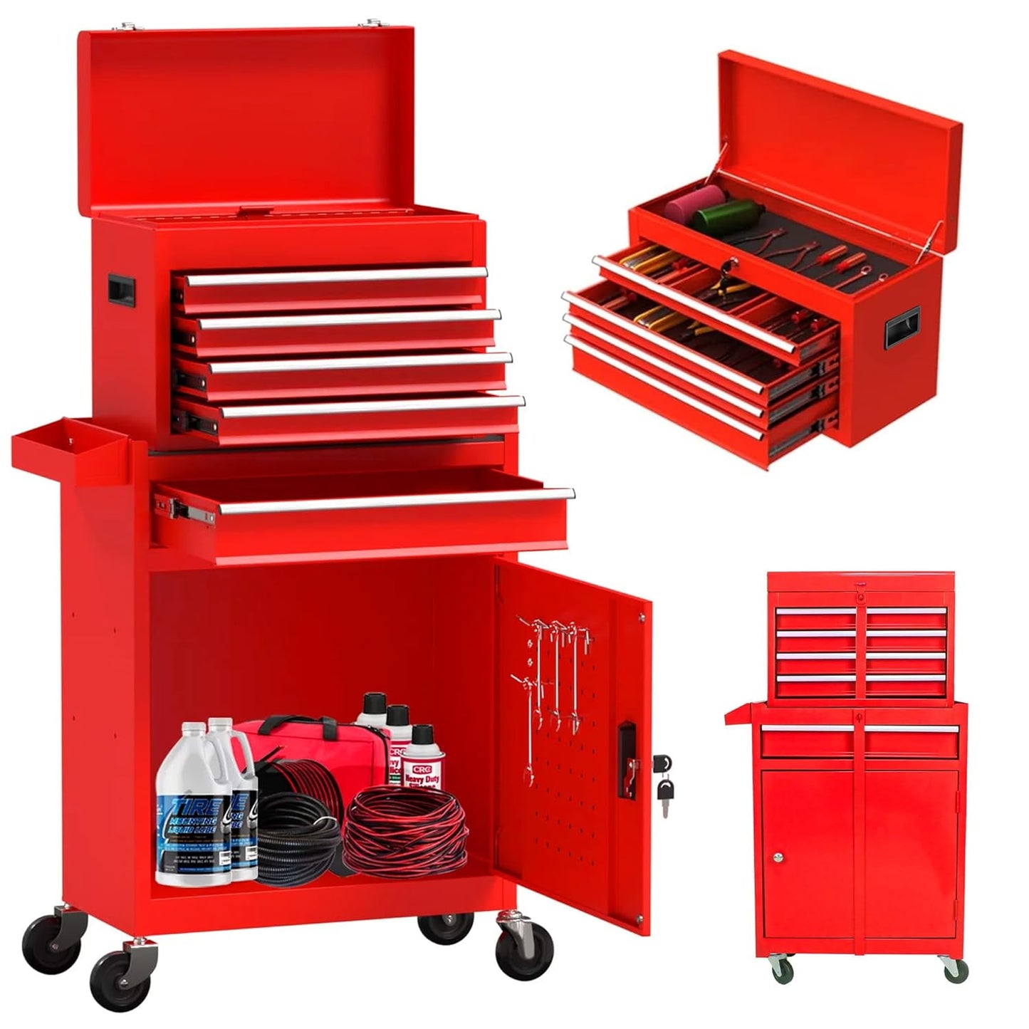 POWANLI Detachable 5-Drawer Rolling Tool Chest with Bottom Cabinet and One Adjustable Shelf/Locking System for Garage Workshop Warehouse Repair Shop