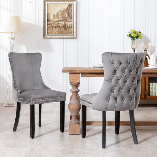 GAKMCIL Velvet Dining Chair (Set of 2), Comfy Upholstered Wing-Back Dining Chairs with Nailhead Back and Solid Wood Legs, Weight Capacity 330lb Load for Dining Room and Kitchen (Gray)