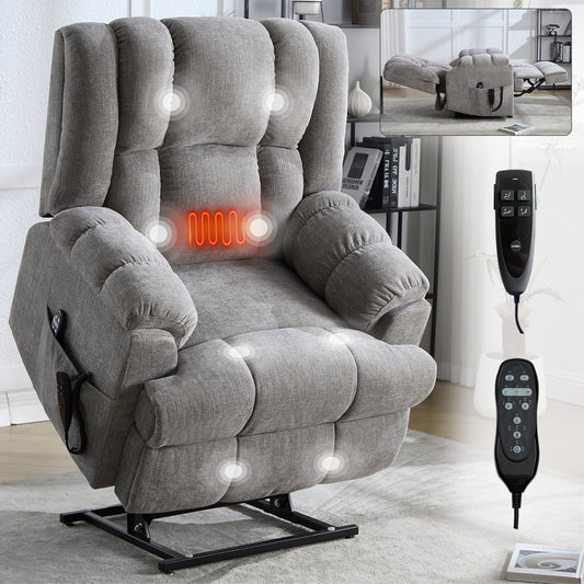 GAKMCIL Large Dual Motor Power Lift Chair Recliner for Elderly with Massage and Heating, 3 massage modes, 8 vibrating nodes (back,lumbar,thighs,legs), 15/30/60 minute timing function,Gift(Light Grey)