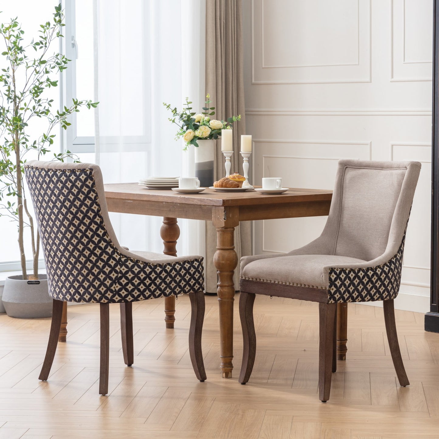 GAKMCIL Upholstered Dining Chairs, Ultra Side Dining Room Chairs with Bronze Nail Head, Tufted Cushion Back Elegant Accent Chairs with Solid Wood Legs, Beige and Patterned (Set of 2)