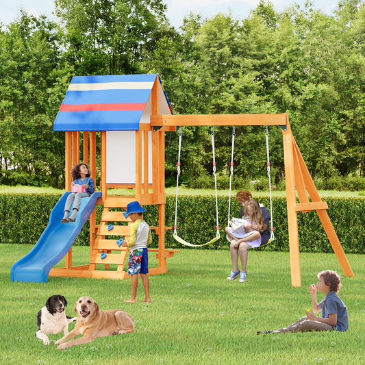 CAMSCH 3 in 1 Wooden Outdoor Swing Set,Swing Set outdoor Playset with Slide,2 Swings and Climber for Garden,Backyard and Playground,Blue