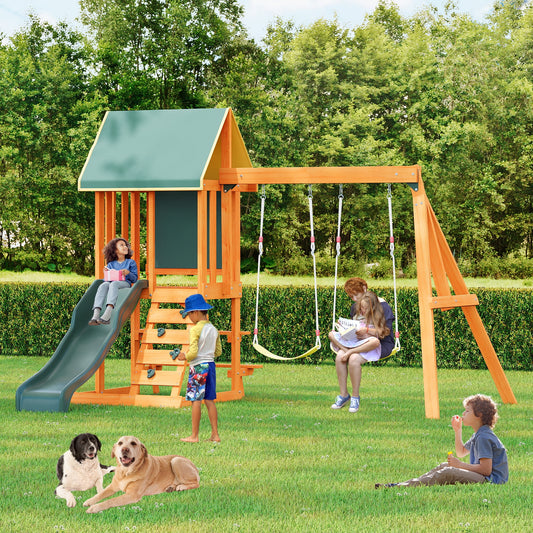 CAMSCH 3 in 1 Wooden Outdoor Swing Set,Swing Set outdoor Playset with Slide,2 Swings and Climber for Garden,Backyard and Playground,Green
