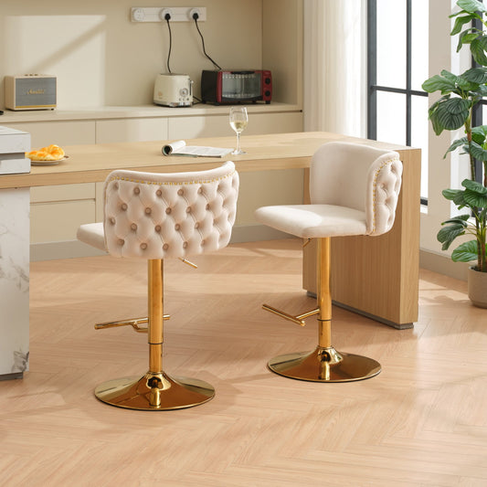 GAKMCIL Velvet Upholstered Swivel Bar Stools with Adjustable Seat Height, Footrest, Golden Chrome Base, Button Tufted Back, Rivets Trim, 300lb Load for Home Pub, Kitchen Island (Set of 2, Beige)