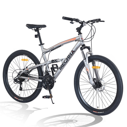 POVANLI 26 inch Mountain Bike 21-Speed Dual Suspension Aluminum Alloy Frame For Men and Women's Bike,Ages 14+, Suitable for commuting to school and city riding, Gift (Grey)