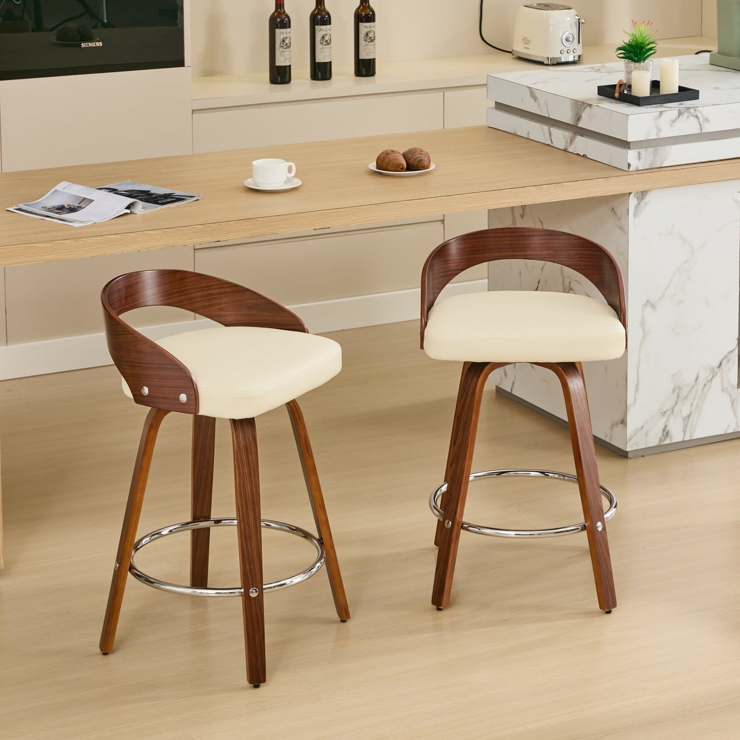 GAKMCIL 25" Mid-Century Modern PU Leather Upholstered Bar Stools, Low Back Wood Bar Chairs with 360-Degree Swivel, Walnut Color Coating, for Kitchen, Dining Room, Pub, Cafe (set of 2, Beige)