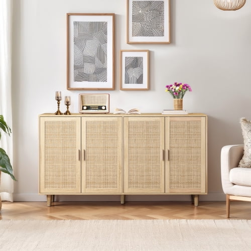 GAKMCIL Sideboard Buffet Cabinet, 70" Boho Buffet Table, Rattan Coffee Bar Cabinet with 4 Doors and Shelves for Kitchen, Living Room, Entryway, Natural
