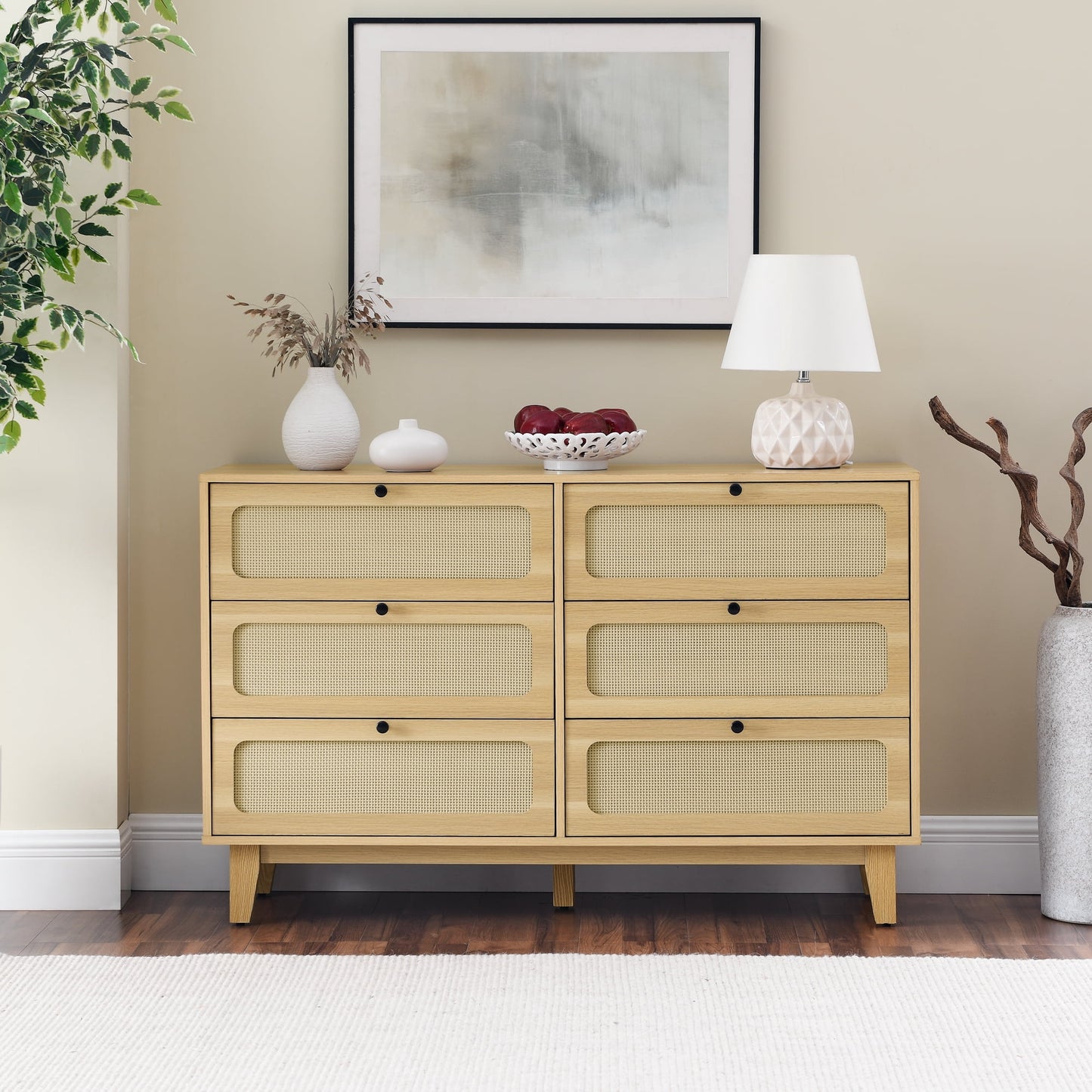 GAKMCIL 6 Drawer Rattan Dresser Cabinet,Modern Drawer Dresser with Metal Handles,Farmhouse Wooden Storage Chest of Drawers for Room, Living Room, Hallway, Entrance, Office