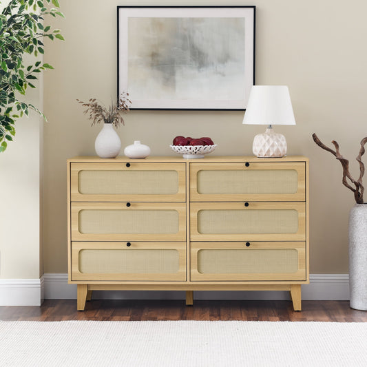 GAKMCIL 6 Drawer Rattan Dresser Cabinet,Modern Drawer Dresser with Metal Handles,Farmhouse Wooden Storage Chest of Drawers for Room, Living Room, Hallway, Entrance, Office