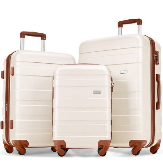 POWANLI - 3 Piece Luggage Sets, ABS Hardside Carry On Luggage, Spinner Wheels, TSA Lock, Airline Approved, Lightweight Durable Suitcase,(20”24”28”）(Ivory And Brown)