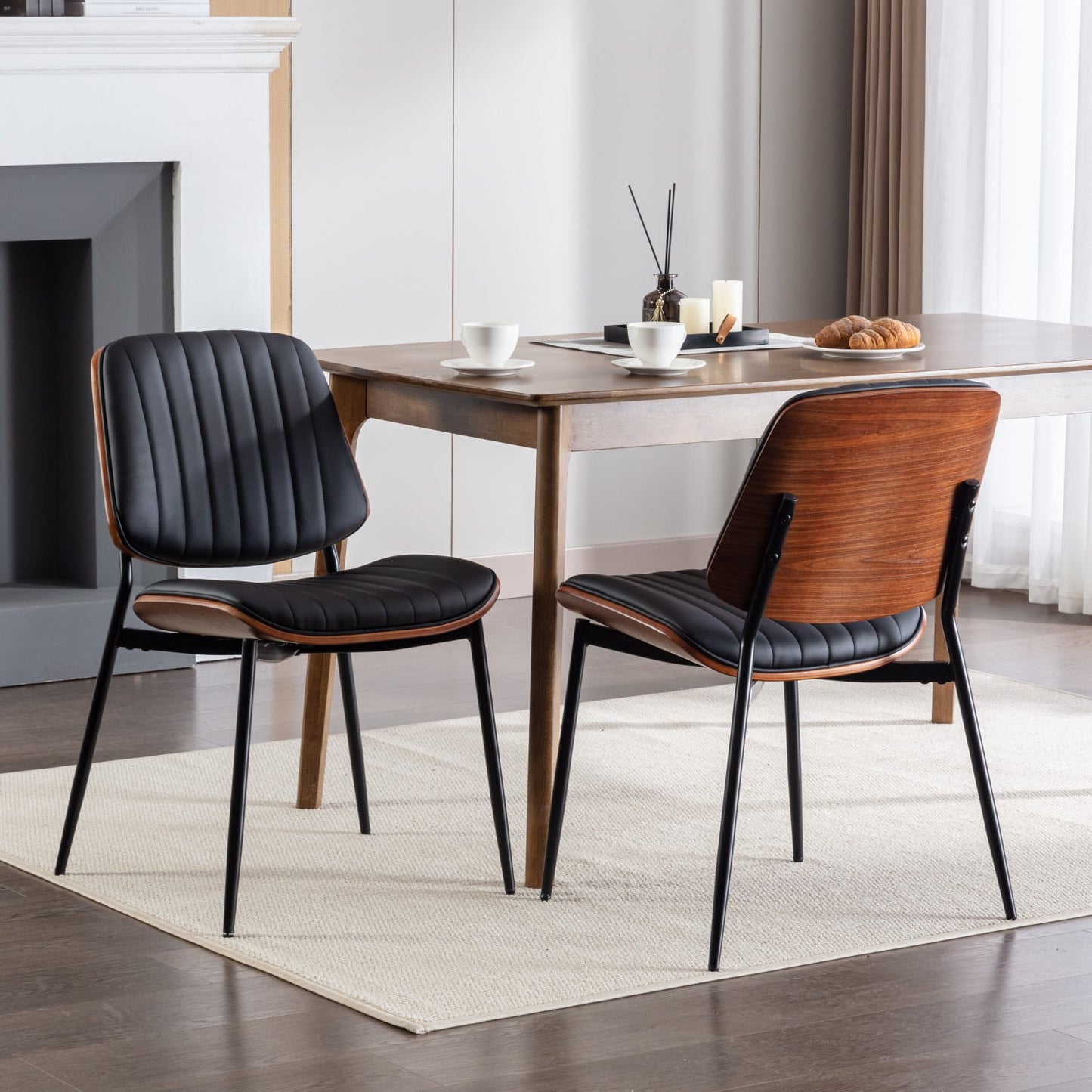 GAKMCIL Mid Century Modern PU Dining Chairs, Retro Faux Leather Upholstered Chair (Set of 2) with Walnut Bentwood Back and Metal Legs, 300lbs Load for Dining Room, Kitchen and Living Room (Black)