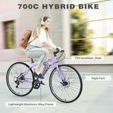 POVANLI 700C Road Bike, 7 Speed Hybrid Bike Aluminum Alloy Frame Double Disc Brakes For men women's City Bicycle, Purple (Gift)