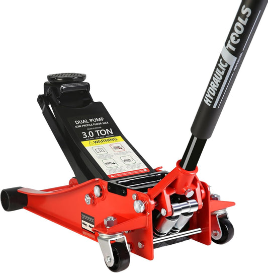 POWANLI 3 Ton (6600 lb) Low Profile Floor Jack,Professional Low Profile Hydraulic Jack, Heavy Duty Steel Racing Floor Jack with Dual Piston Quick Lift Pump,Lift Range 3.3"-18.5" Black Red