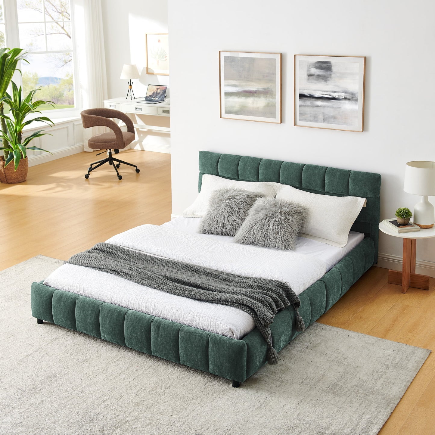 GAKMCIL Queen size Bed Frame with Thick Fabric,Upholstered Bed Frame with Headboard and Solid Frame. No Box Spring Needed Blue+Green(88.5''*68.5''*31'')
