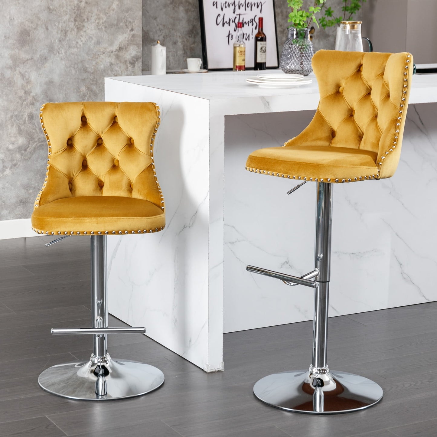 GAKMCIL Swivel Velvet Upholstered Barstools with 25-33in Adjustatble Seat Height, 360°Swivel, Footrest, Chrome base, Comfy Tufted Backs, 300lbs Load for Home Pub, Kitchen Island (Set of 2, Gold)