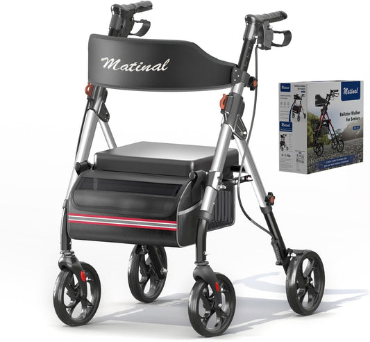 GAKMCIL Lightweight Foldable Rolling Walker, All-Terrain Mobility Walker with Seat, 6-Position Adjustable Height, Brake System, Double Storage Space, 350lbs Load for Seniors and Adults (Silver)