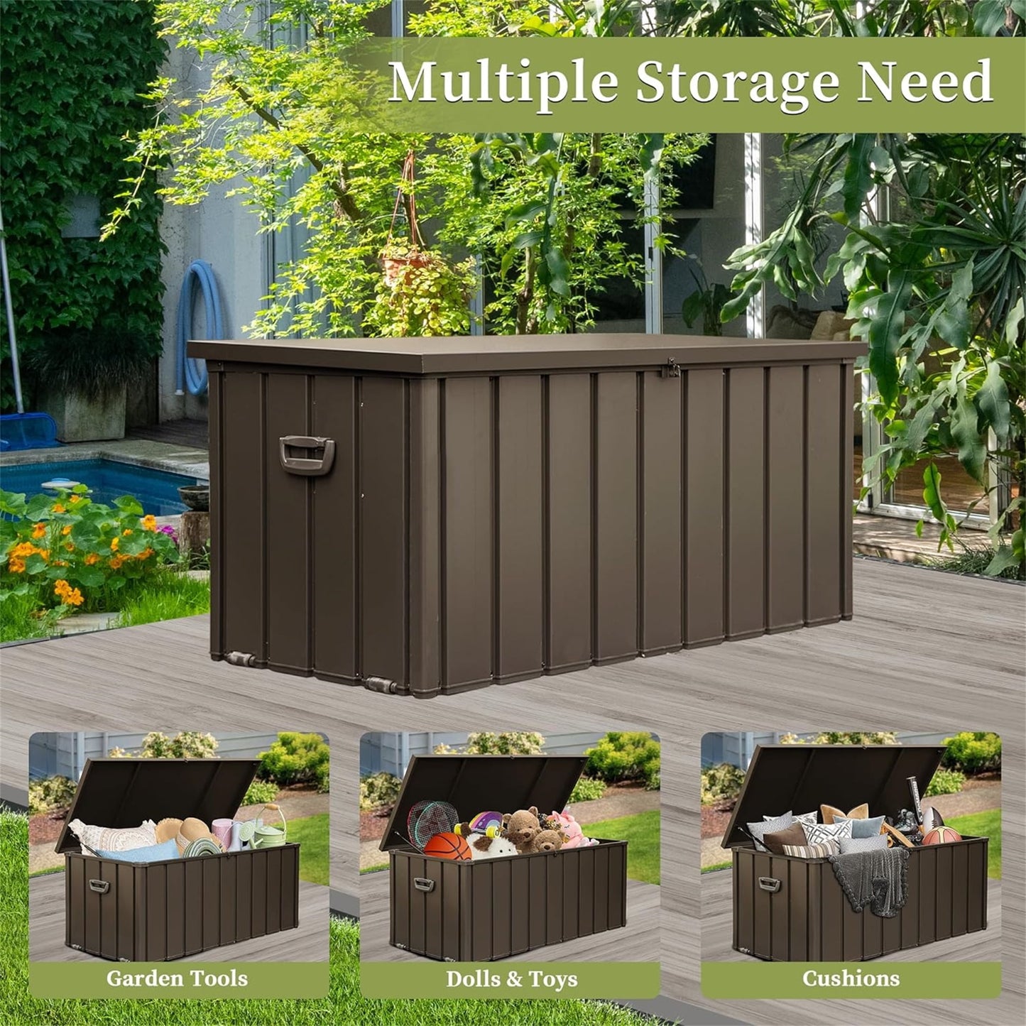 POWANLI 100 Gallon Outdoor Storage Deck Box Waterproof, Large Patio Storage Bin for Outside Cushions, Throw Pillows, Garden Tools and Pool-Supplies, Lockable (Dark Brown)