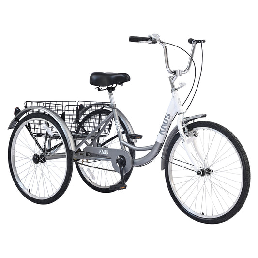 POVANLI Versatile 24'' 3-Wheel Bicycles Adult Tricycle with storage Basket for Convenience and Utility, Load capacity 330lb, Suitable for height 4'11'' - 5'9'', Silver (Gift)