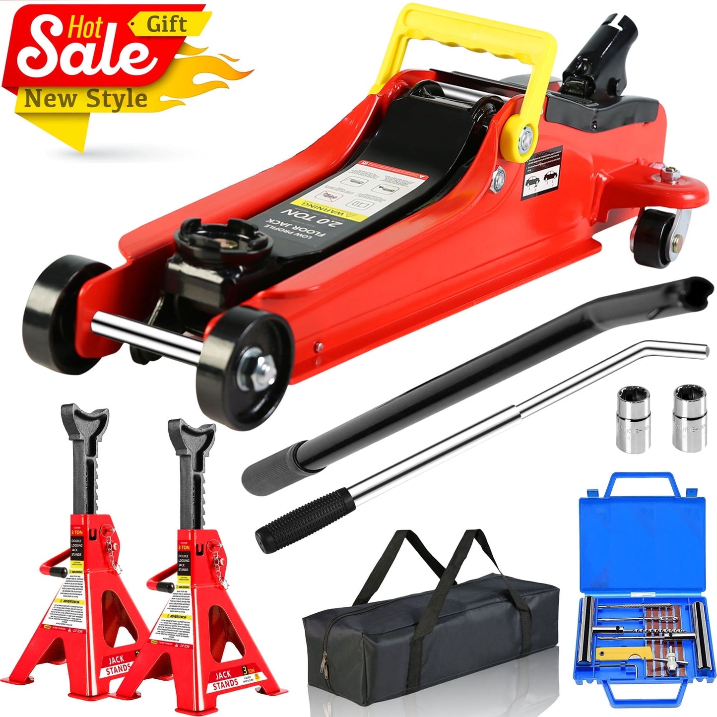 POWANLI Car Jack Set, 2 Ton Low Profile Floor Jack, Two 3T Jack Stand, Tire Repair Kit, L-Wrench, 4000LBS Trolley Jack for Car, Truck, SUV, Quick Lift 3.3''-15.2'' Red