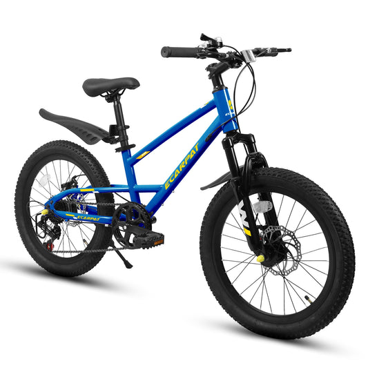 POVANLI 20" Kids Mountain Bike for 5-8 Boys & Girls with 7-Speed, Front Suspension, Dual Disc Brakes and Fender, Children's Lightweight Steel Frame Bicycle, 85% assembled for Children's Gift (Blue)