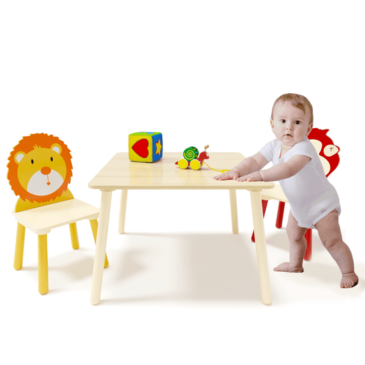 GAKMCIL Kids Table and 2 Chair Set, 3 Piece Toddler Table, Wooden Activity Play Table Set, Animal Chair Set(Lion and Monkey) For 2-8 child Reading, Drawing, Eating, Study, Arts, Crafts & Snack Time.