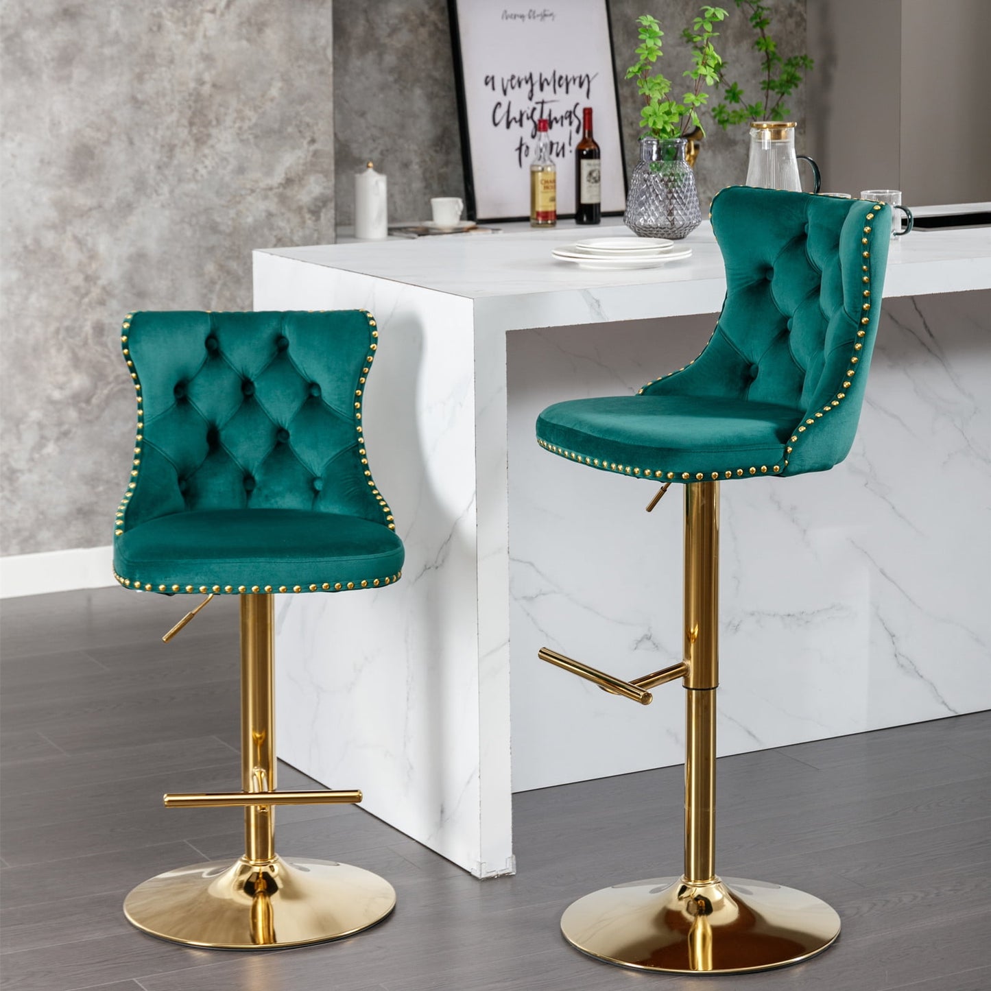 GAKMCIL Swivel Velvet Upholstered Barstools with 25-33in Adjustatble Seat Height, 360°Swivel, Footrest, Golden Chrome base, Comfy Tufted, 300lb Load for Home Pub, Kitchen Island (Set of 2, Green)