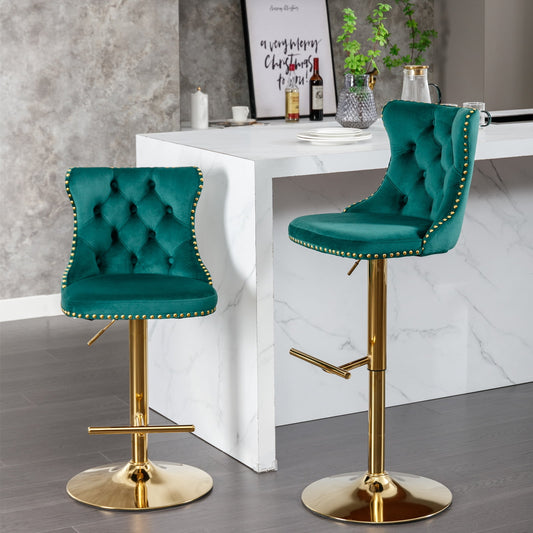 GAKMCIL Swivel Velvet Upholstered Barstools with 25-33in Adjustatble Seat Height, 360°Swivel, Footrest, Golden Chrome base, Comfy Tufted, 300lb Load for Home Pub, Kitchen Island (Set of 2, Green)