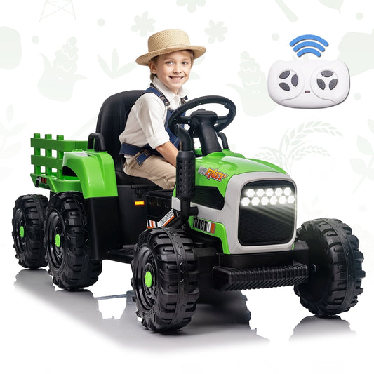 12 V Battery-Powered Toy Tractor with Trailer, Ride on Tractor with Remote Control and 3 Speed Adjustable, Electric Car for Kids with USB, LED Lights, Audio, Safety Belt, Kids Ride on Car (Green)