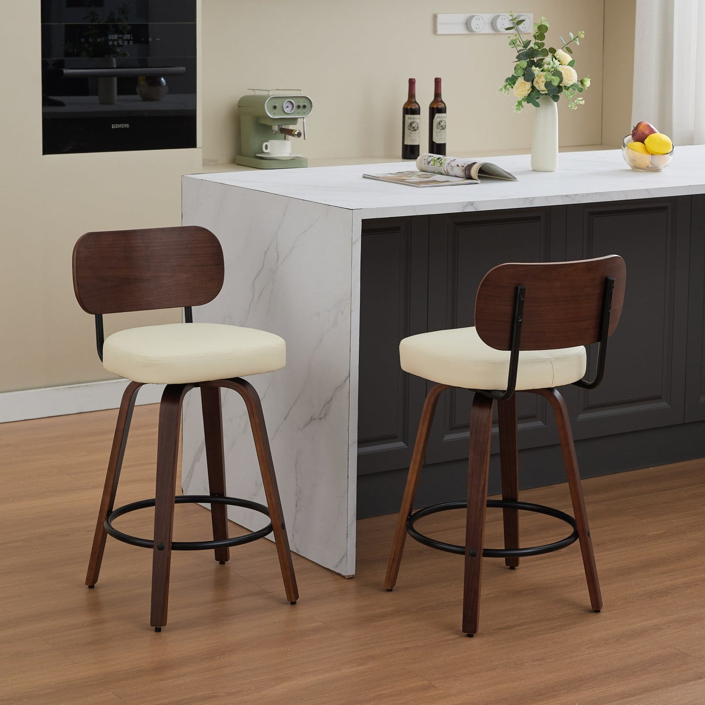 GAKMCIL PU Leather Upholstered Swivel Counter Height Bar Stools (Set of 2) with Walnut Back, Bentwood Legs, Metal Footstool, Weight Capacity 350lbs for Kitchen, Dining Room, Pub, Cafe (Beige)