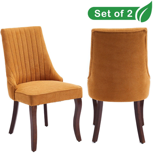 GAKMCIL Linen Dining Chairs (Set of 2), Channel Tufted Kitchen Dinner Chair Comfy Fabric Upholstered Accent Chair for Dining Room with Solid Wood Legs, Weight Capacity:300lb (Gold)