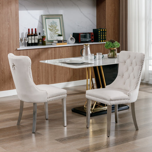 GAKMCIL Velvet Dining Chair, Comfy Tufted Upholstered Dinner Chair with Chrome Stainless Steel Plating Legs, Nailhead Trimfor amd Back Ring, 300lb Load for Dining Room and Kitchen (Set of 2, Beige)