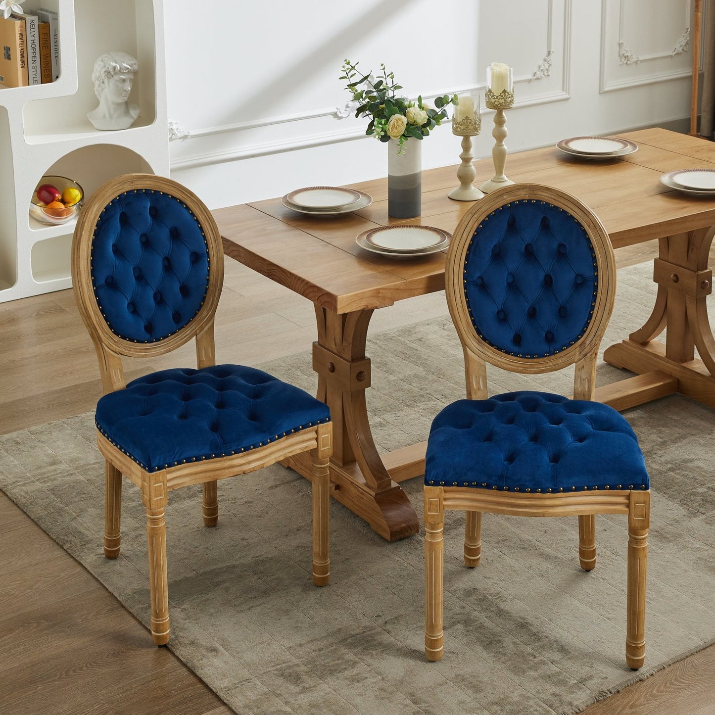 GAKMCIL Velvet artificial leather Dining Chair with French Solid Wood Frame,Hand Pull Button Decoration,Nailed Headdress Edge,Density Foam,Steel Spring Lining,Weight Capacity:300lb, Blue (Set of 2)