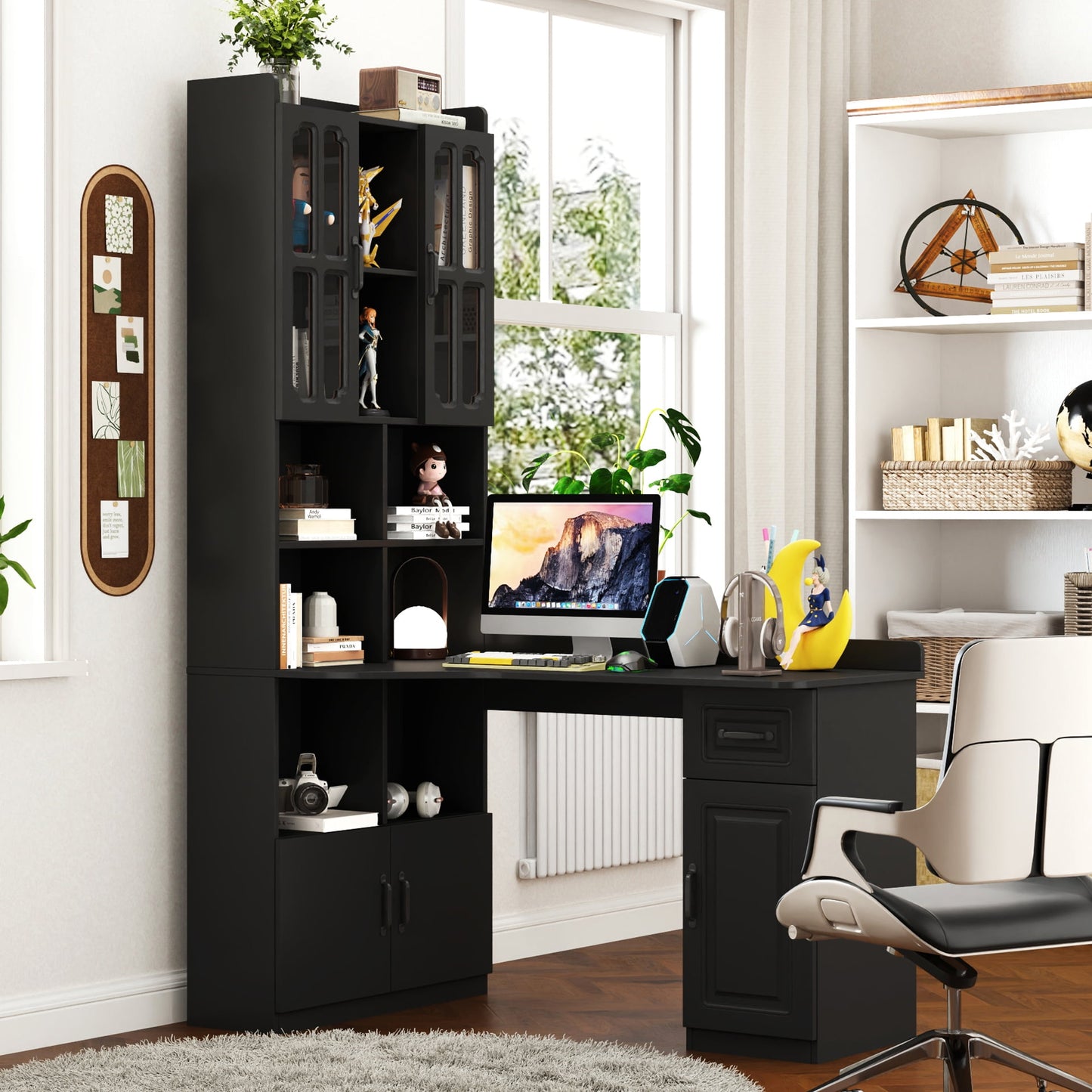 GAKMCIL 2-in-1 L-Shaped Computer Desk for Home Office or Study Writing desk, Modern Style Table with Drawers, Bookshelf & Hutch, Space-Saving Corner & storage Design (Black)(55.12"L*31.50"W*76.77"H)