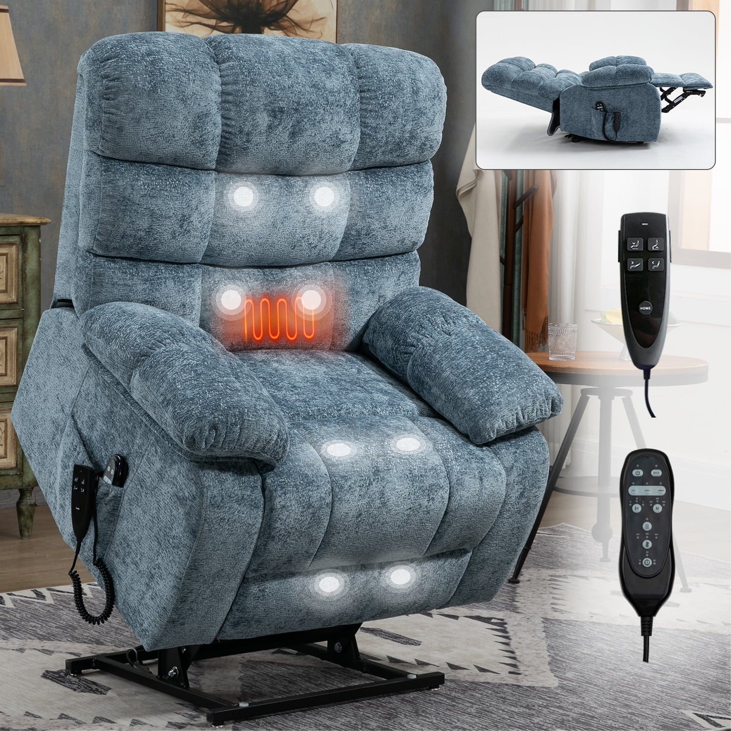GAKMCIL Large Dual Motor Power Lift Chenille Recliner Chair for Elderly with Heating and 3 Massage modes, 8 vibrating nodes (back, lumbar, thighs, legs), 15/30/60 minute timing function, Gift (Blue)
