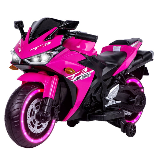 POVANLI  12V Kids Electric Motorcycle with Slow Start,Power Display,Manual Throttle,Light Dashboard,Training Wheels,Lighting Wheels,Bluetooth,USB,MP3,Early Education for Children Aged 3-6,Gift(Pink)
