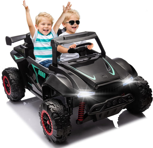 POWANLI 24V Electric Kid Police Car, 2-seater, 2 driving Modes, Kid manual control, W/Parents 2.4G Remote Control with Power display, USB/TF, MP3, Bluetooth, LED Lights, for Boys Girls 3-8, Black