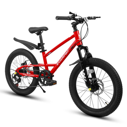 POVANLI 20" Kids Mountain Bike for 5-8 Boys & Girls with 7-Speed, Front Suspension, Dual Disc Brakes and Fender, Children's Lightweight Steel Frame Bicycle, 85% assembled for Children's Gift (Red)