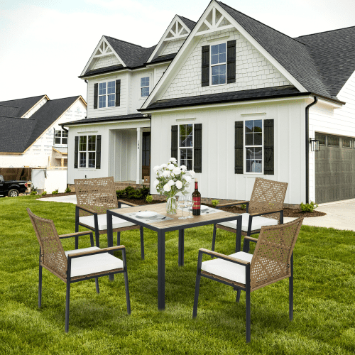 5-Piece Patio Dining Table Sets,Patio Conversation Set Acacia Wood Table Top with Umbrella Hole, Rattan Outdoor Yellow