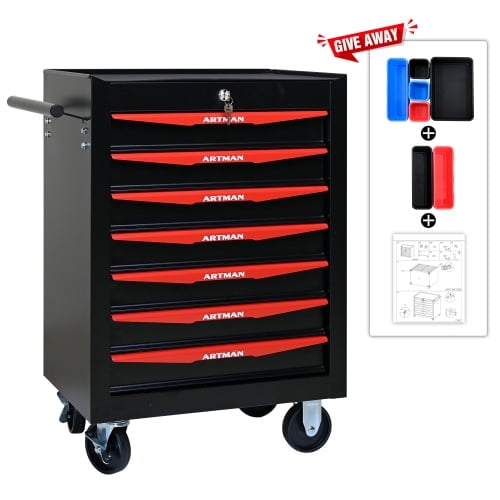 POWANLI 7 Drawer Portable Tool Box With Wheels,20" Tool Chest With Key Locking Tool Boxes/Organizers Black&Red