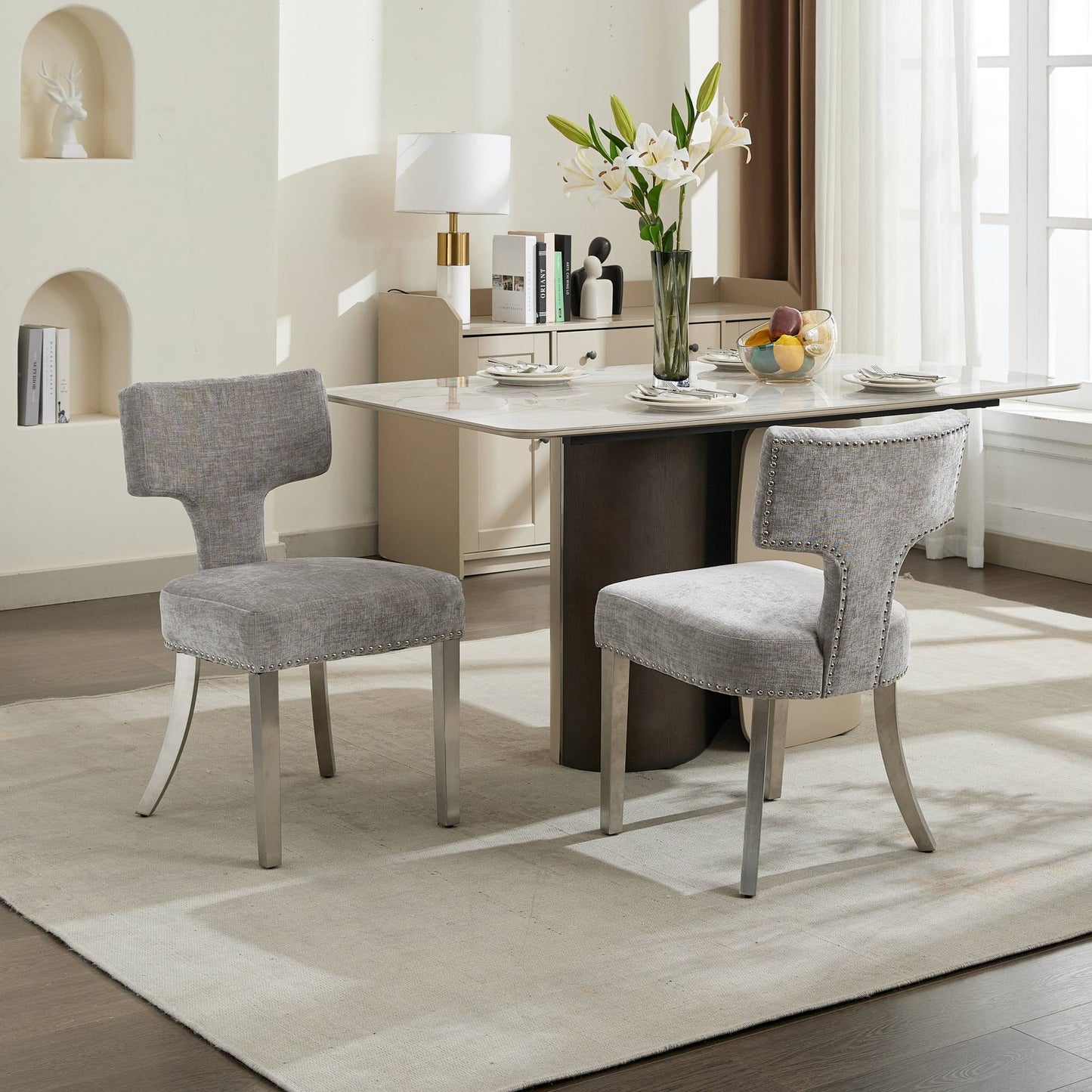 GAKMCIL Chenille Dining Chair,Farmhouse Upholstered Accent Kitchen Side Chairs(Set of 2)with Curved Backrest,Copper Nails,Silver Stainless Steel Legs,300lbs Load for Dining Room and Kitchen(Gray)