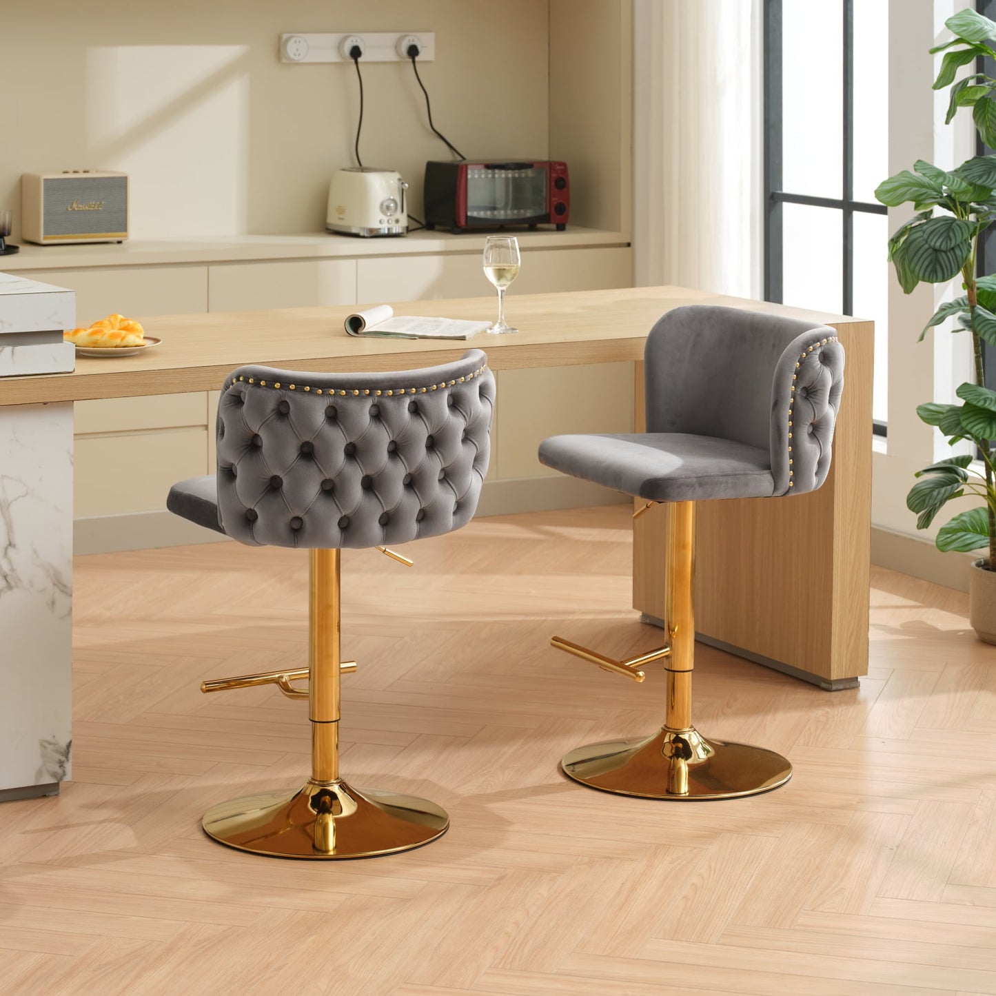 GAKMCIL Velvet Upholstered Swivel Bar Stools with Adjustable Seat Height, Footrest, Golden Chrome Base, Button Tufted Back, Rivets Trim, 300lb Load for Home Pub, Kitchen Island (Set of 2, Gray)