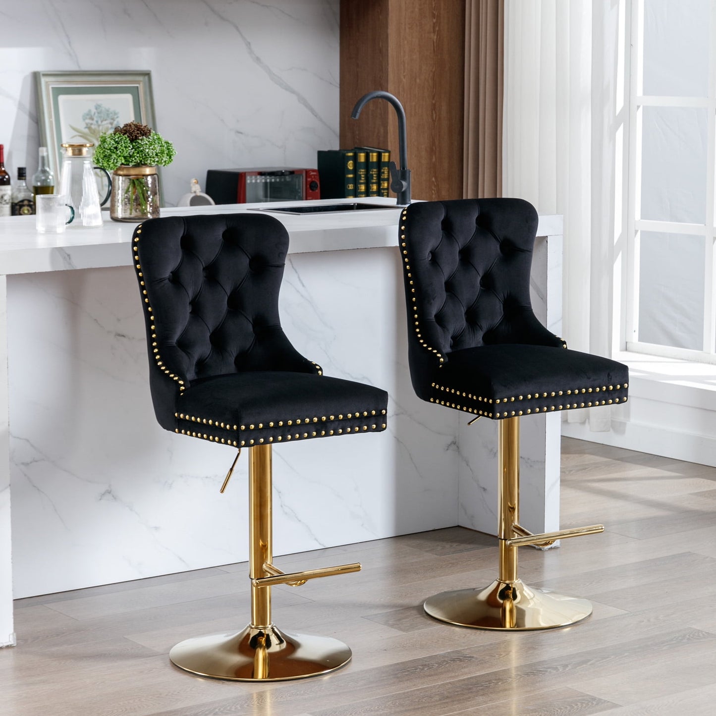 GAKMCIL Thick Golden Swivel Velvet Barstools, Modern Upholstered Bar Stools with Adjustable Seat Height from 27-35in, Backs Tufted, 270lb Load for Home Pub, Kitchen Island (Set of 2, Black)