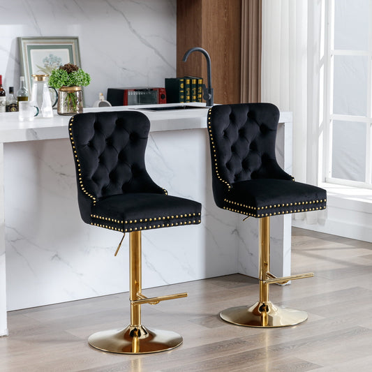GAKMCIL Thick Golden Swivel Velvet Barstools, Modern Upholstered Bar Stools with Adjustable Seat Height from 27-35in, Backs Tufted, 270lb Load for Home Pub, Kitchen Island (Set of 2, Black)