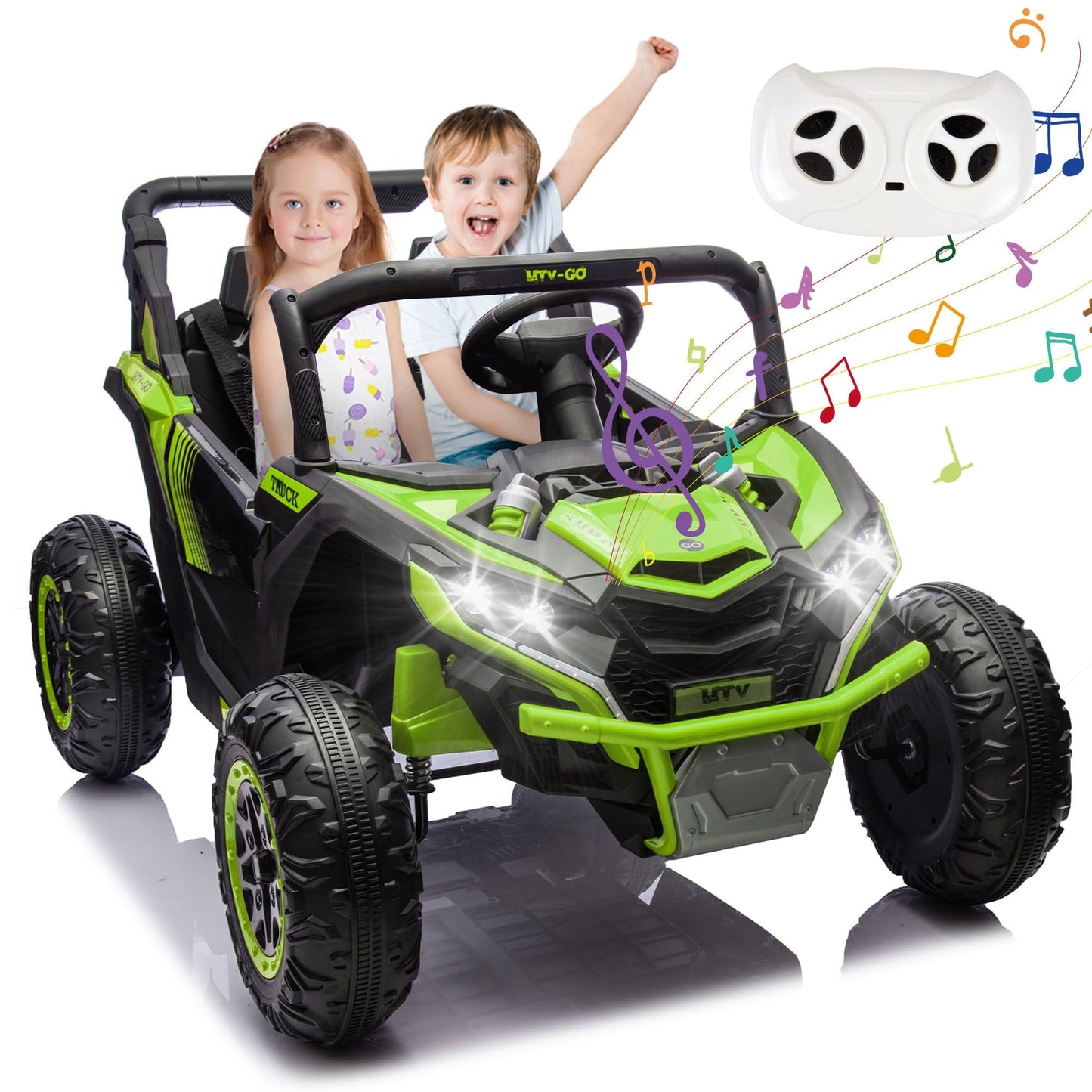 POWANLI 24V Electric Toy Car with UTV W/Parents Remote Control,2 Seater Kids Ride on Toys Truck with 4 wheels, USB, MP3, Bluetooth, LED Lights, Horn for Girls Boys Kids 3-8, Green