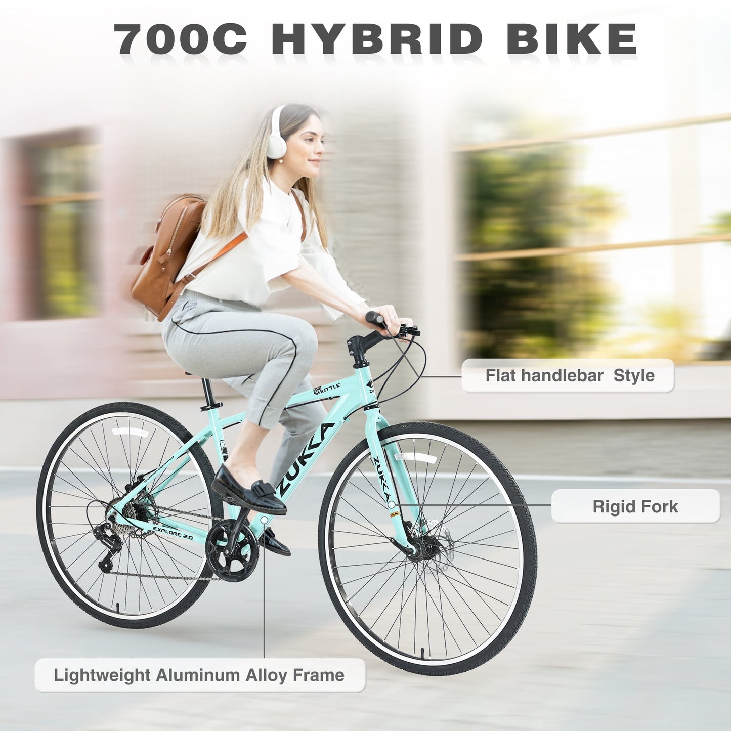 POVANLI 700C Road Bike, 7 Speed Hybrid Bike Aluminum Alloy Frame Double Disc Brakes For men women's City Bicycle, Green (Gift)