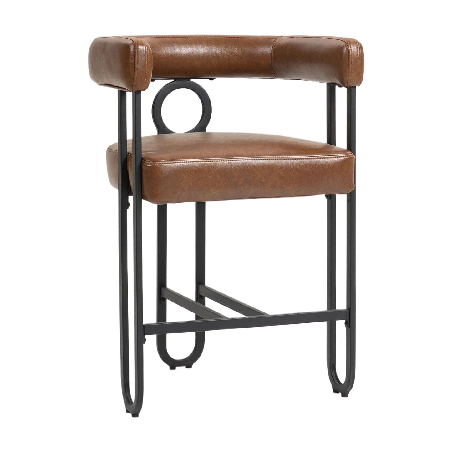 POWANLI PU Leather Bar Stools (Set of 1), Modern Upholstered Bar Chair with Back & Footrest, Black Metal Frames, for Bar Kitchen Island Restaurant Bistro , Club (Light Brown)