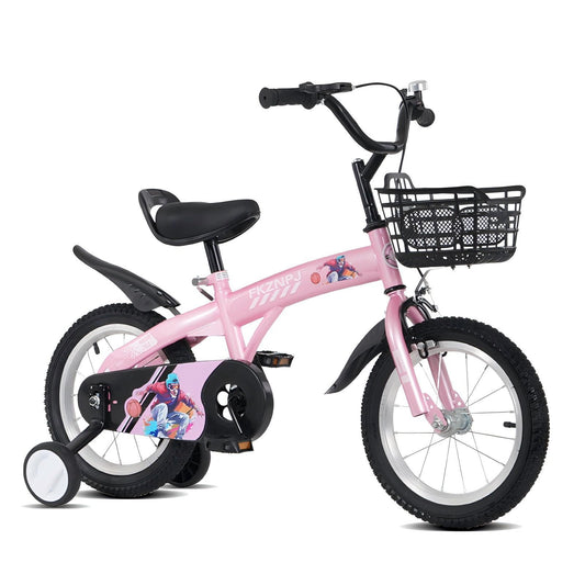 POWANLI 18inch kids bike with training wheels and stand Adjustable saddle Suitable for boys and girls aged 5-10years tall Height 45-57 inches,saround 85% assembled body,With storage frame,Gift(pink)