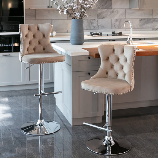 GAKMCIL Swivel Velvet Upholstered Barstools with 25-33in Adjustatble Seat Height, 360°Swivel, Footrest, Chrome base, Comfy Tufted Backs, 300lbs Load for Home Pub, Kitchen Island (Set of 2, Khaki)