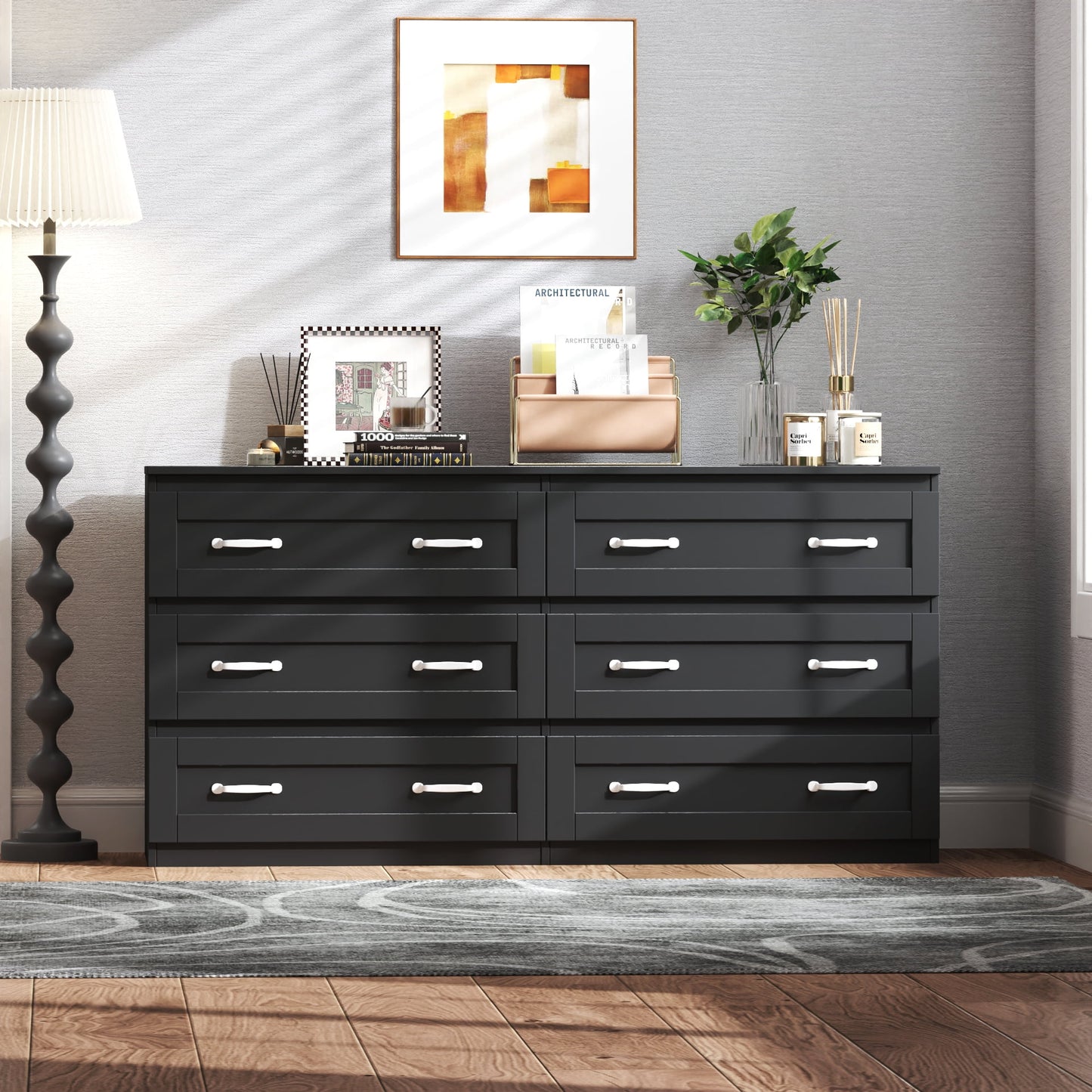 GAKMCIL Modern side cabinet, Wood Chest of Drawers with Metal Handle and 6 Drawers, Modern Wood Organizer for Living Room, Bedroom, Entryway and Hallway (Black) (55.12"L * 15.75"W * 27.95"H)