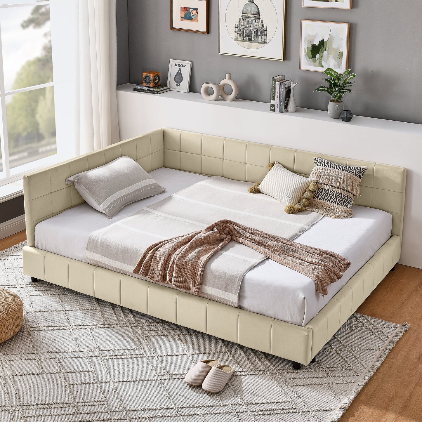 GAKMCIL Full Size Upholstered Tufted Bed Frame, Velvet Fabric, Sofa Bed Frame with Comfortable Backrest and Armrests, Full Size Bed for Bedroom, Living Room, Beige (80.5''*59''*30.5'')