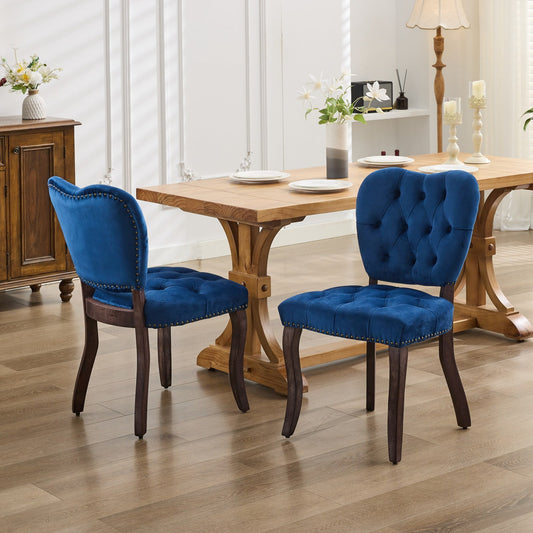 GAKMCIL French Vintage Velvet Dining Chairs (Set of 2), Comfy Button Tufted Dining Chairs with Nailhead Trims and Solid Wood Legs, Weight Capacity 350lb for Dining Room, Kitchen and Café (Blue)